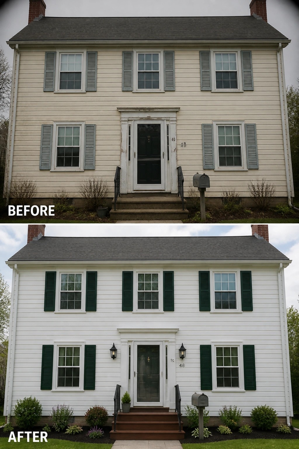 Before-and-after image of a two-story house exterior showing updated white siding, dark green shutters, new entry lighting, and brown front steps.