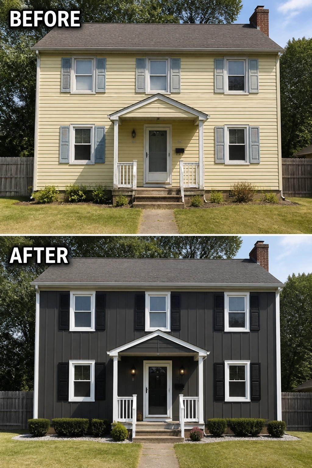 Before and after of two-story house with yellow then dark gray siding.