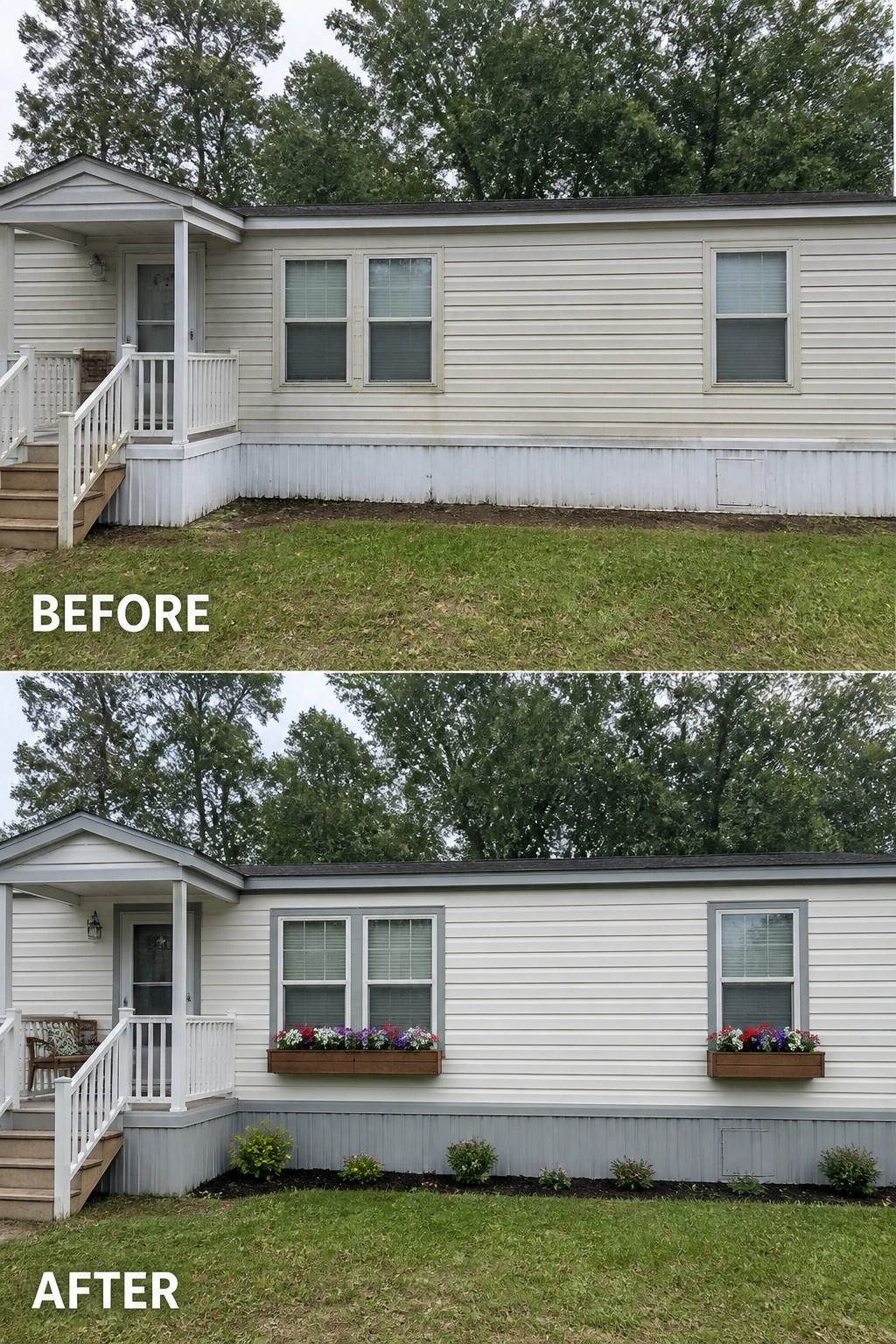 Before-and-after mobile home with gray trim, flower boxes, and added shrubs.
