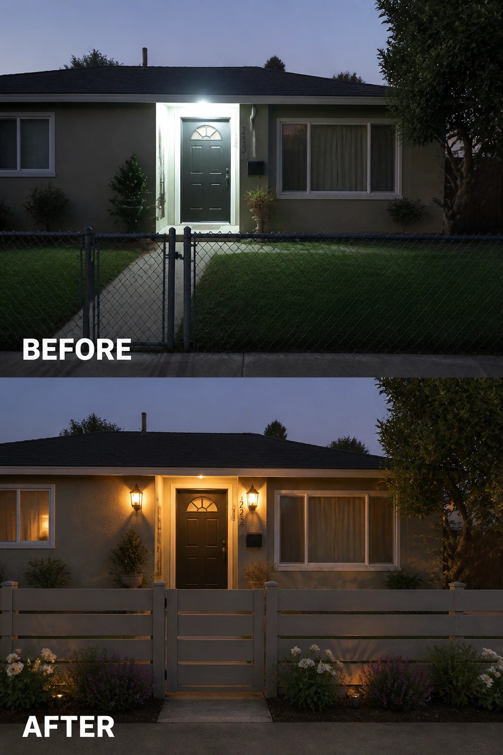 Before and after of house with new fence, lighting, and landscaping at dusk.
