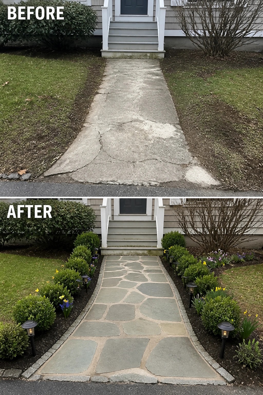 Before-and-after image of a cracked concrete walkway replaced by a stone paver path with planted borders and path lights.