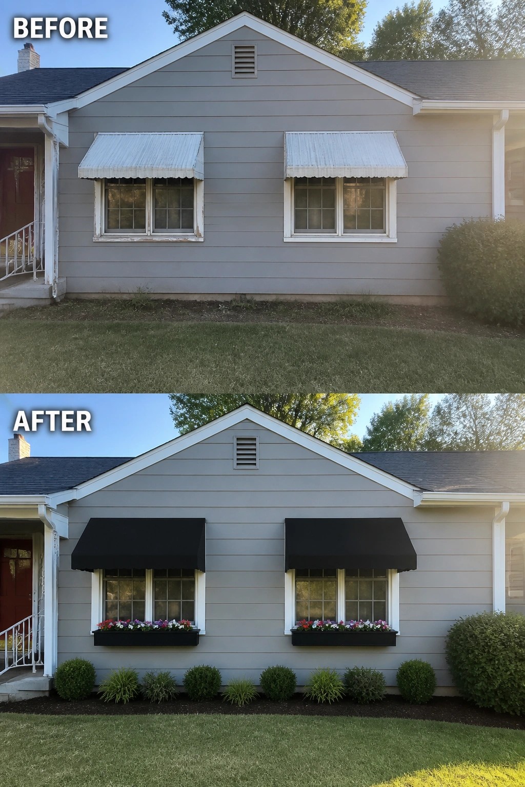 Before-and-after image of a house exterior with old white awnings replaced by black fabric awnings and added black window boxes with flowers.