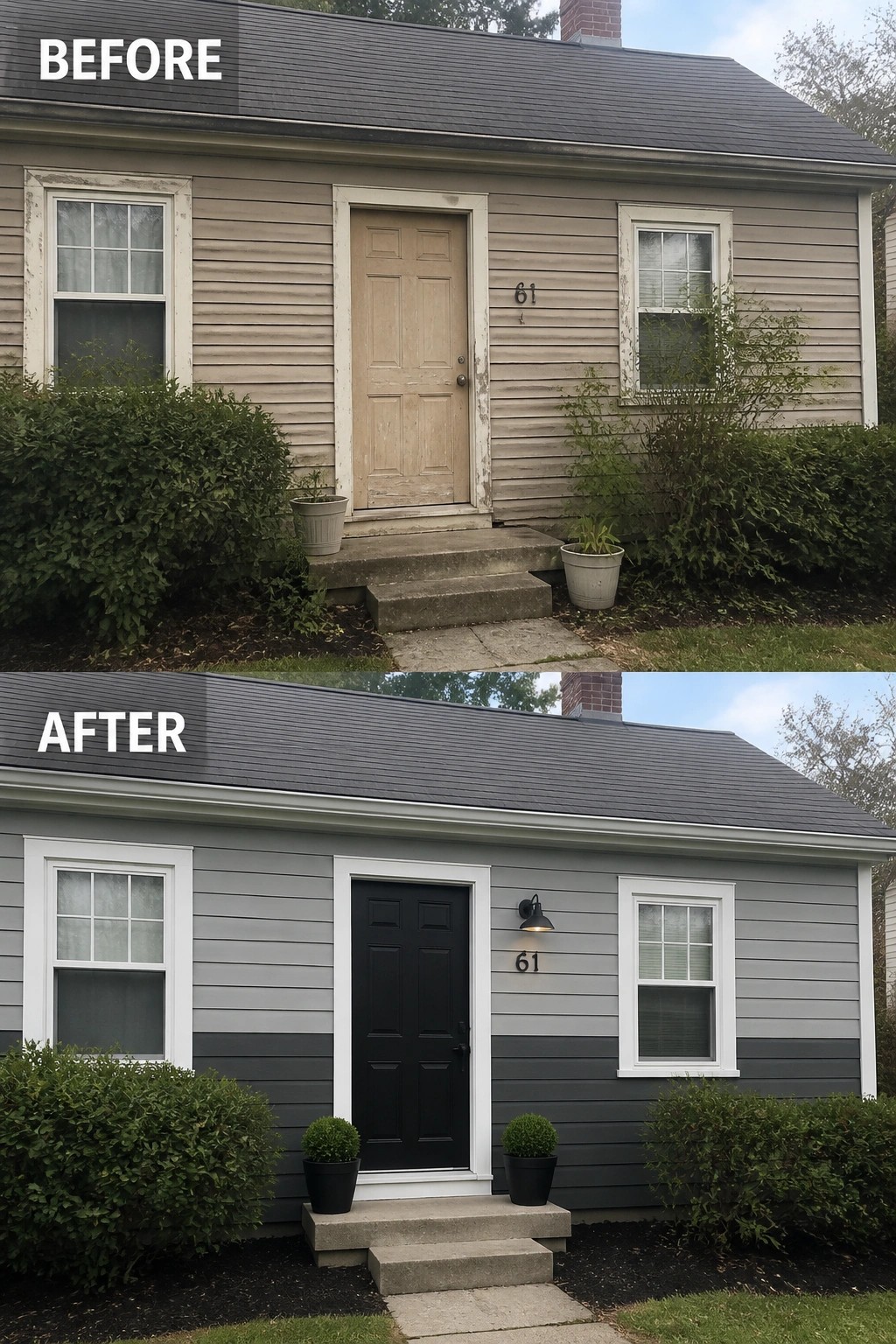 Before-and-after image of a house exterior with faded beige siding and a light door changed to gray siding, a black door, and updated white trim.