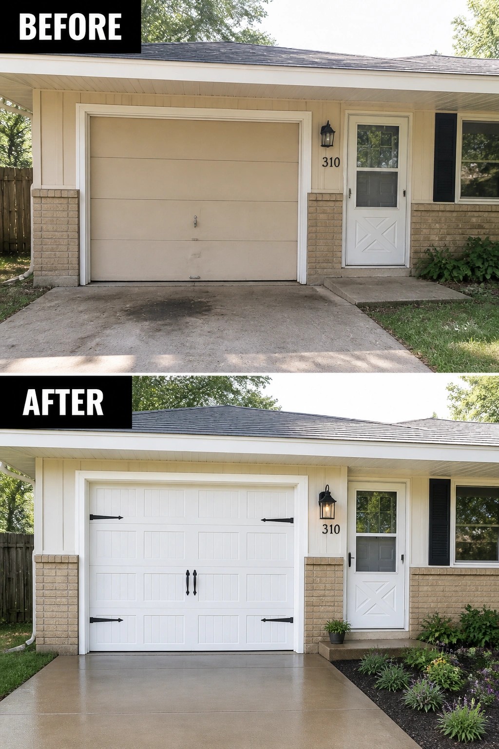 Before and after of house with new white garage door and landscaping