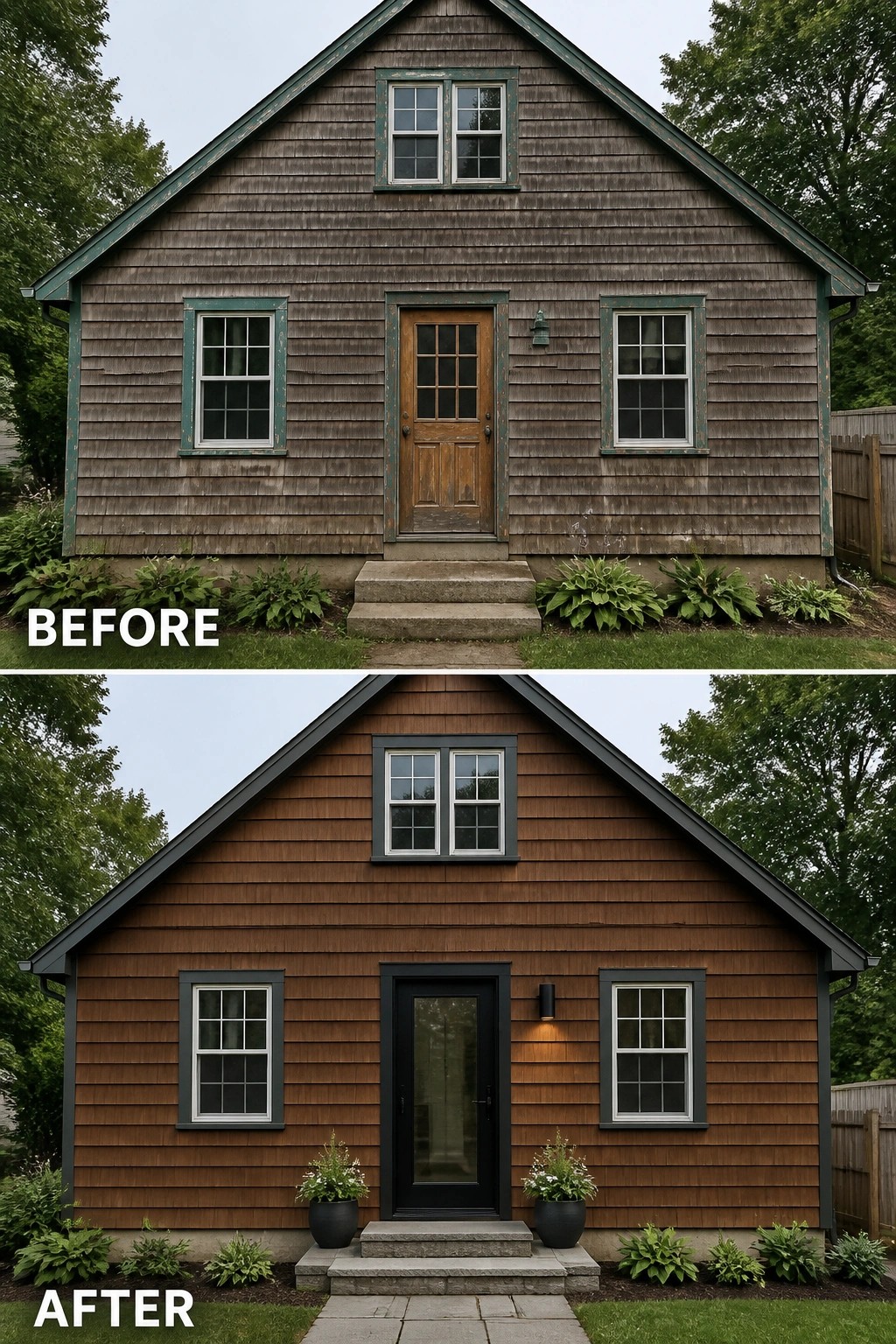 Before and after house exterior with new brown siding, black trim, and door.