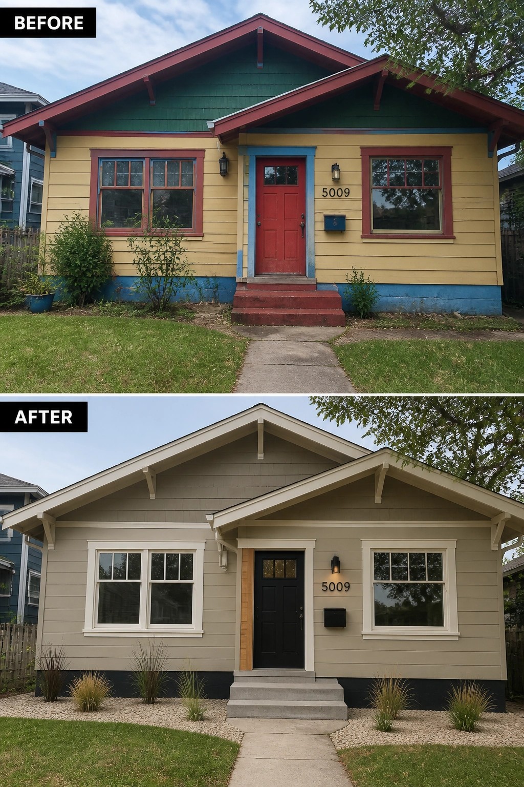 Before-and-after image of a multicolored house exterior updated with unified gray siding, white trim, and a black front door.
