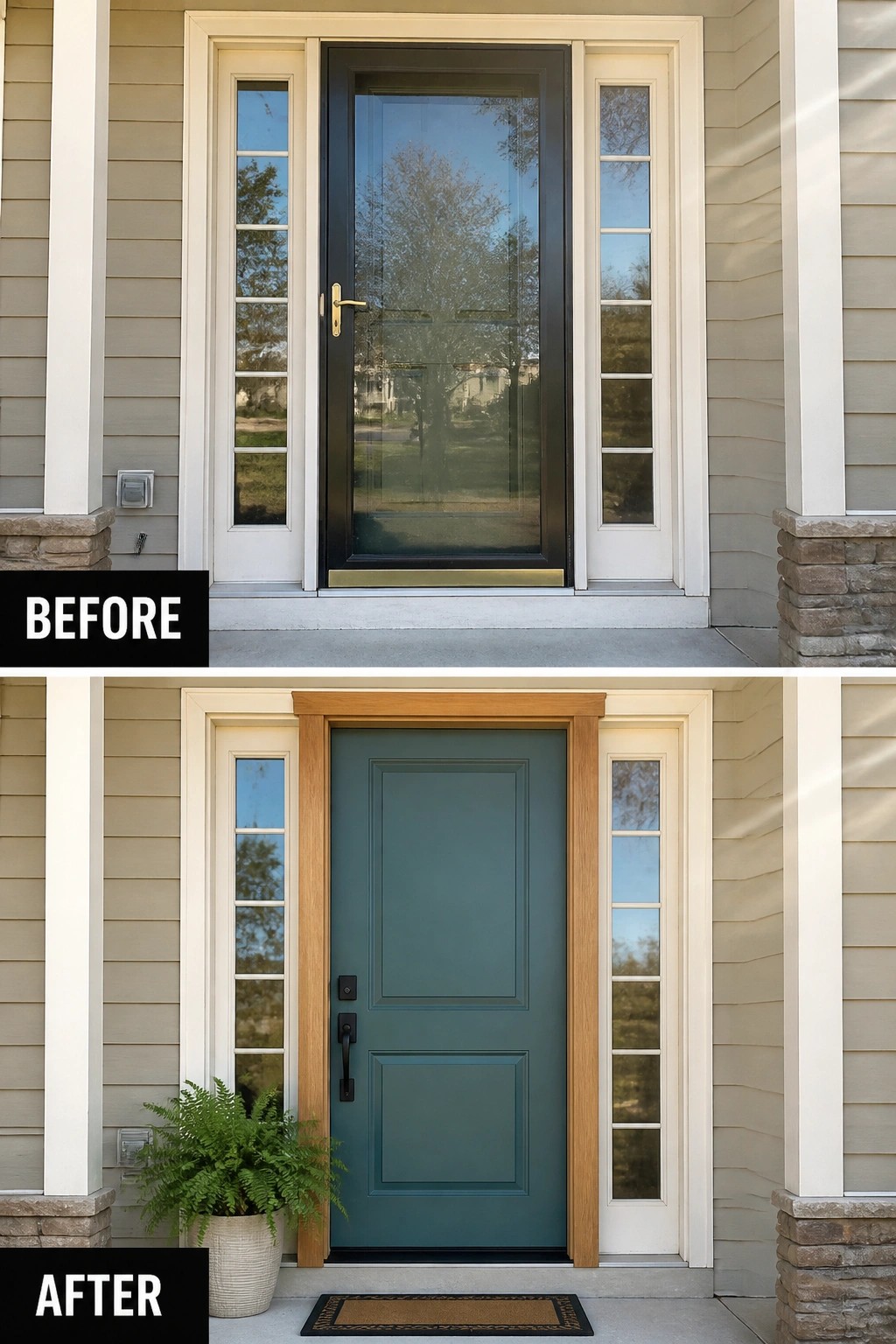 Before-and-after image of a front entry with a dark glass door changed to a teal door with wood trim and added planters.
