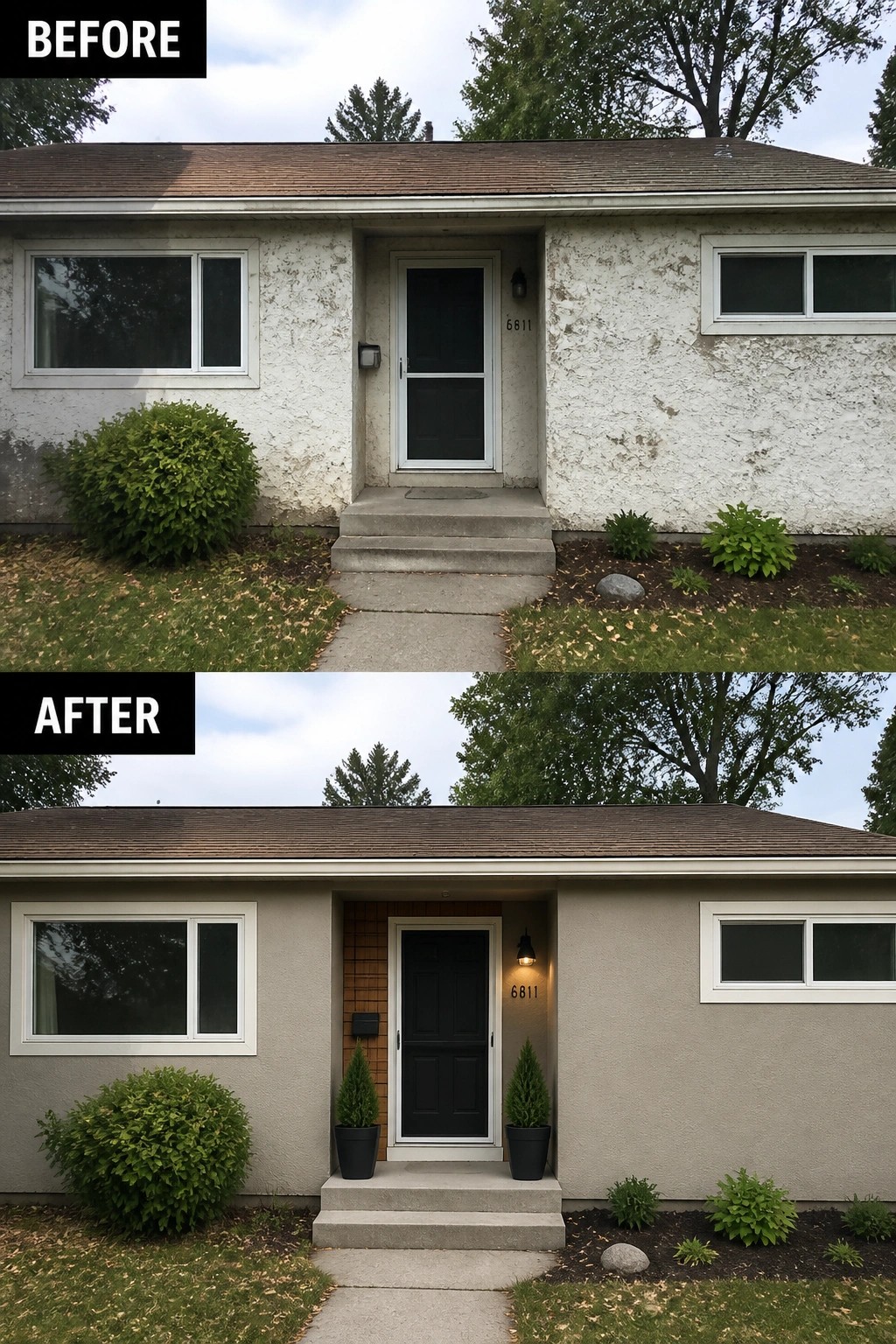 Before and after view of house exterior with new paint and black door