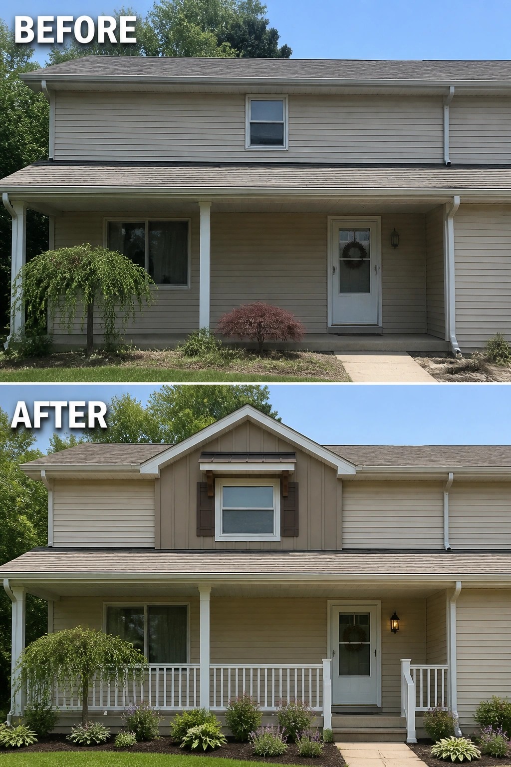 Before and after house exterior with added gable, railings, and landscaping
