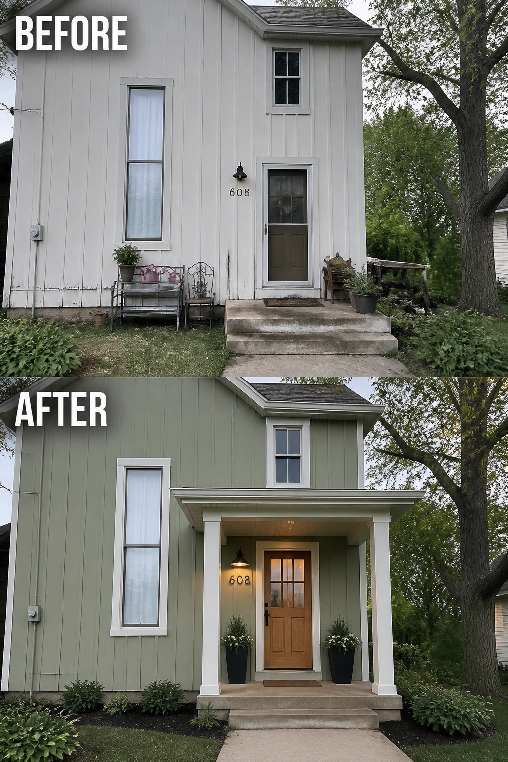 Before and after of white house repainted green with new columned porch.