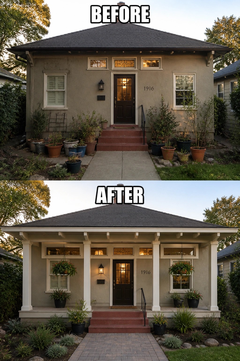 Before and after of house with new white porch and landscaping