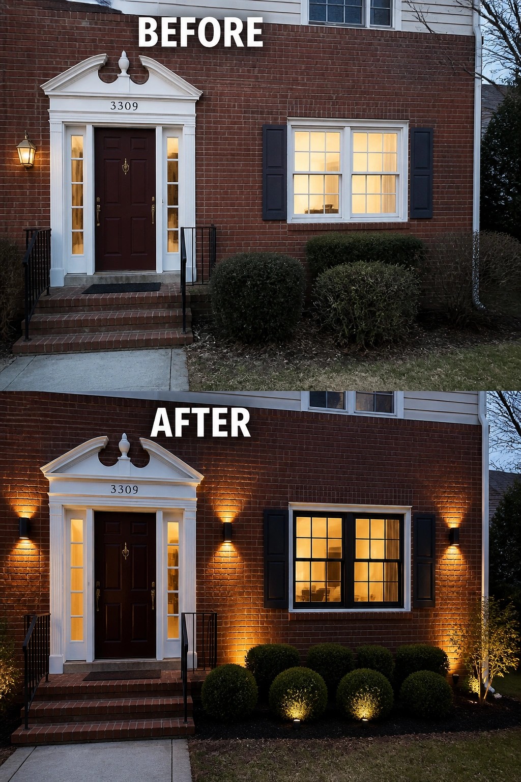Before and after of brick house entrance with added warm exterior lighting.