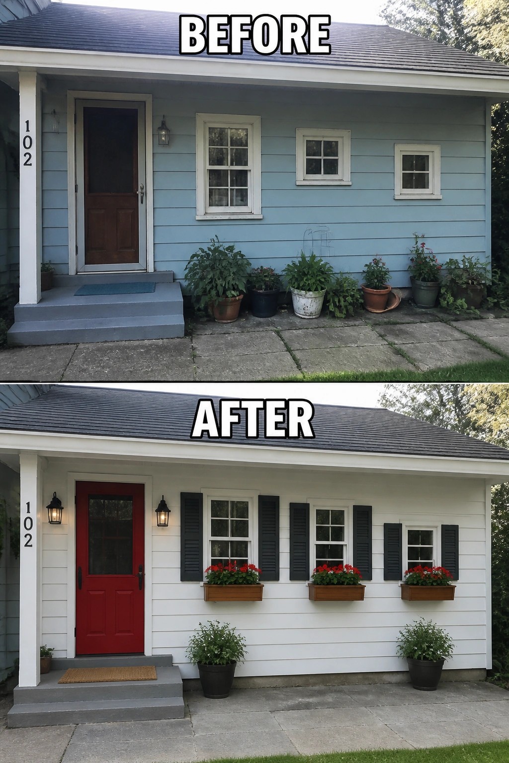 Before and after house exterior with blue-to-white siding and brown-to-red door.
