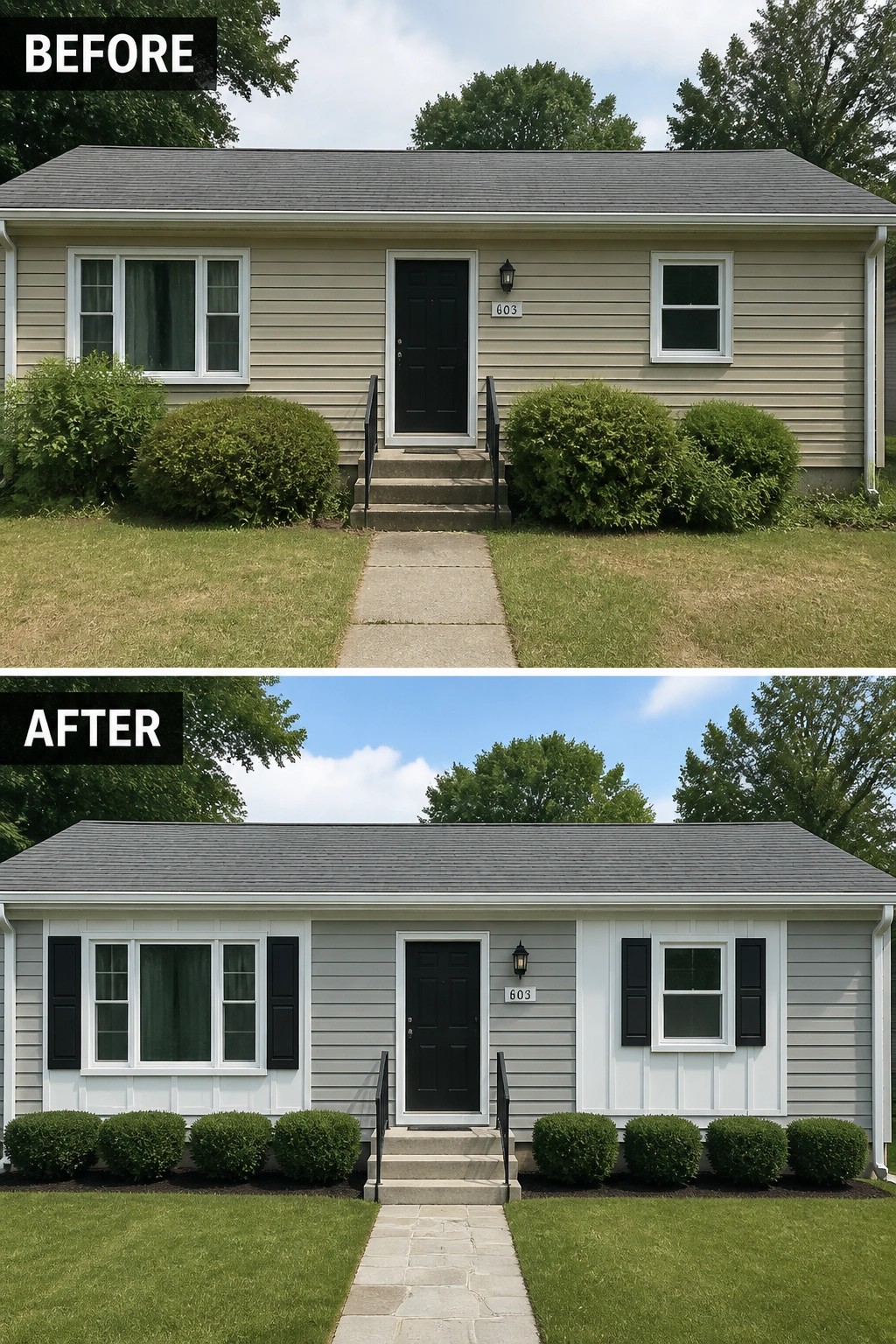 Before-and-after image of a house exterior updated with black shutters, gray and white siding, and a new stone walkway.