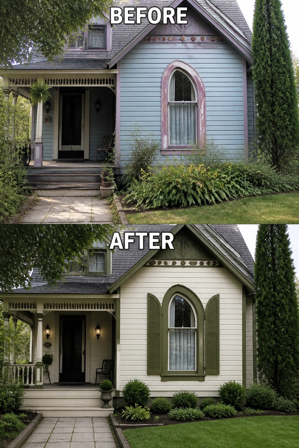 Before-and-after image of a house exterior where an arched window receives green shutters and the facade is updated with fresh paint and trim.