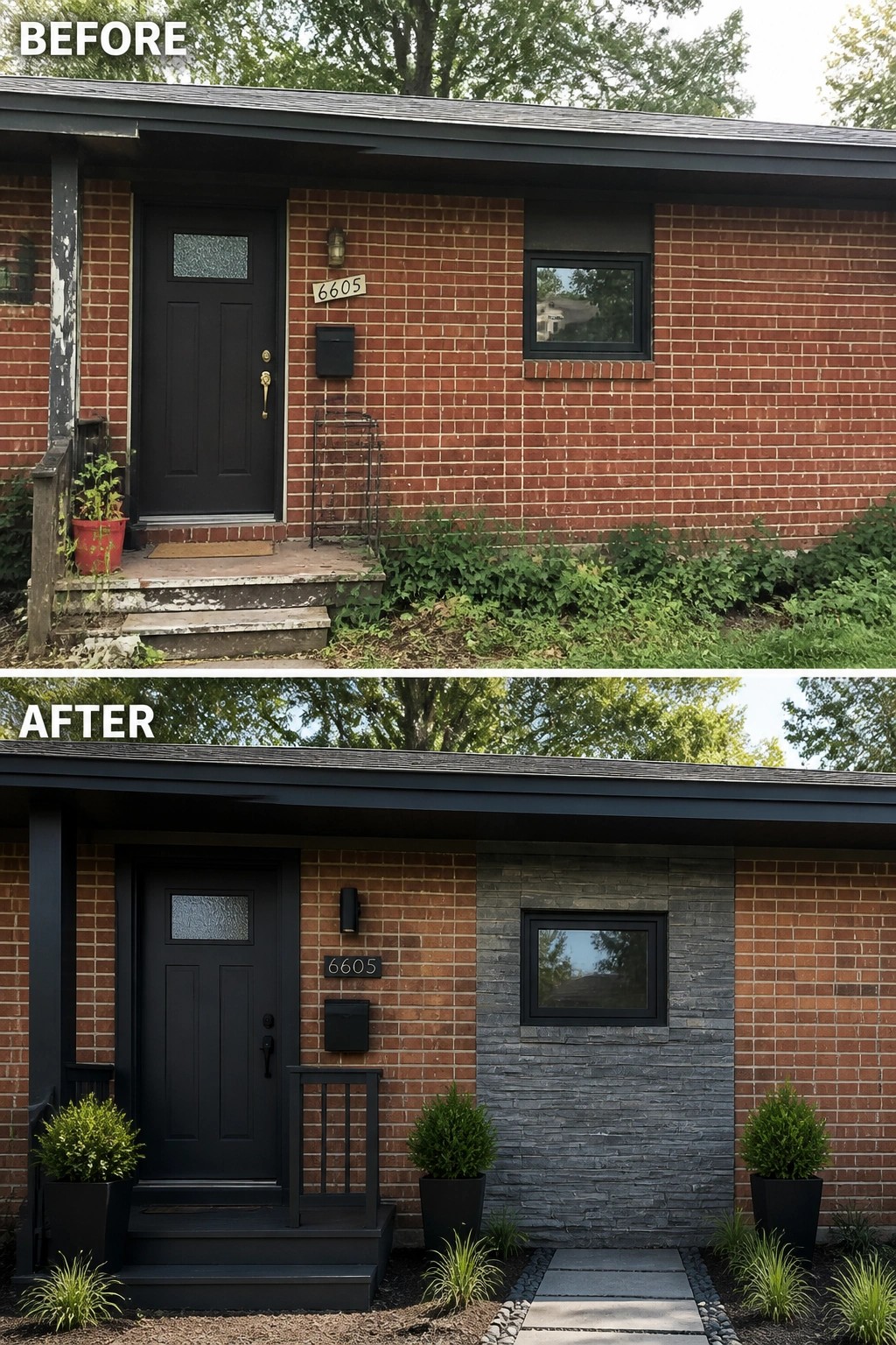 Before-and-after image of a brick house exterior with a stone accent wall added around a small window next to the front door.