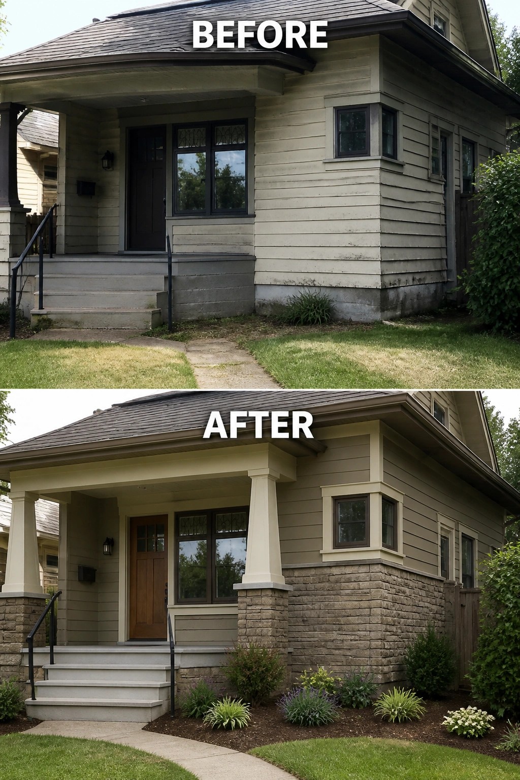 Before and after house exterior renovation with new porch, stone base, and landscaping.