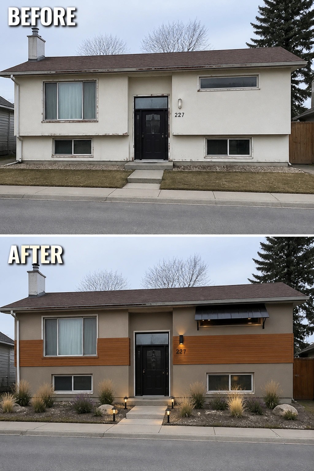 House exterior before and after renovation with new siding, landscaping and lights.