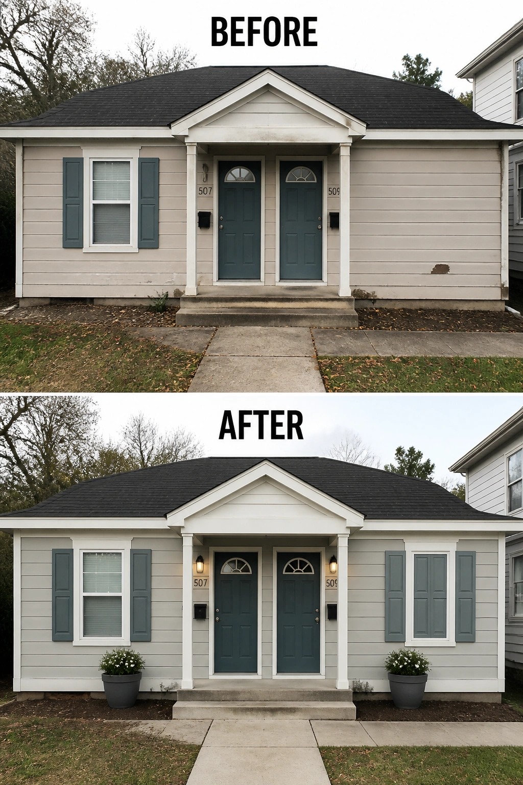 Before and after duplex exterior with added shutters, lights, and flower planters.