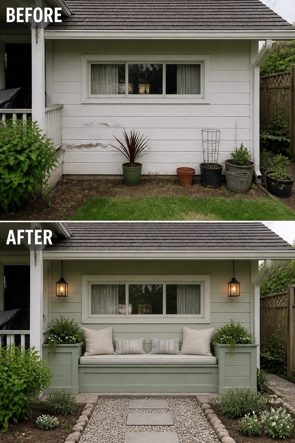 Before and after of house exterior with new bench, planters, and lanterns