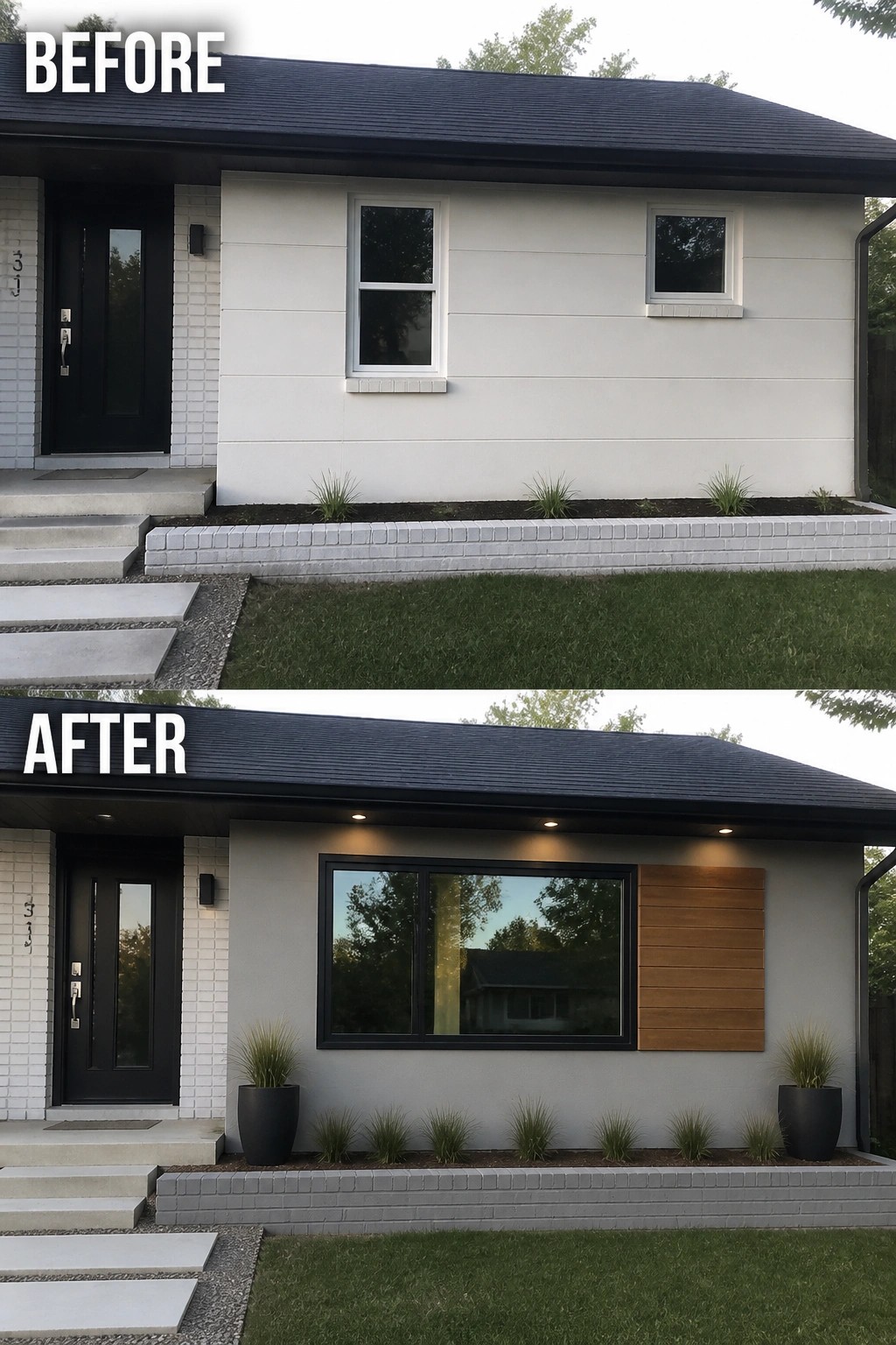 Before and after house exterior with new large window, wood accent, and gray siding.