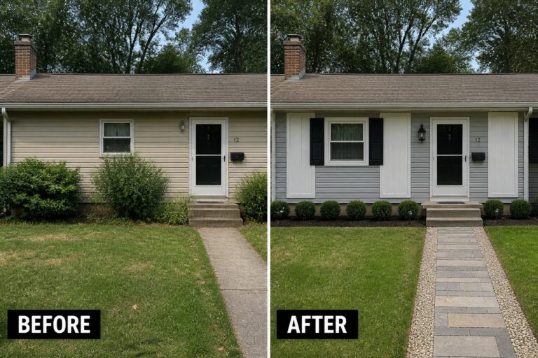 Before-and-after image of a house exterior updated with black shutters, gray and white siding, and a new stone walkway.