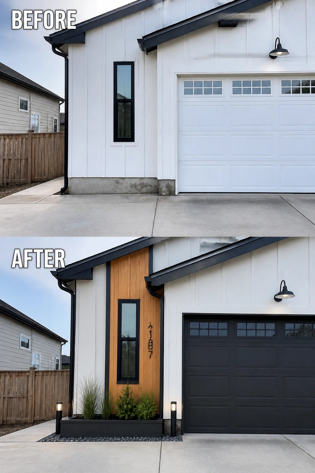 Before and after house exterior with updated black garage, wood siding, and landscaping.