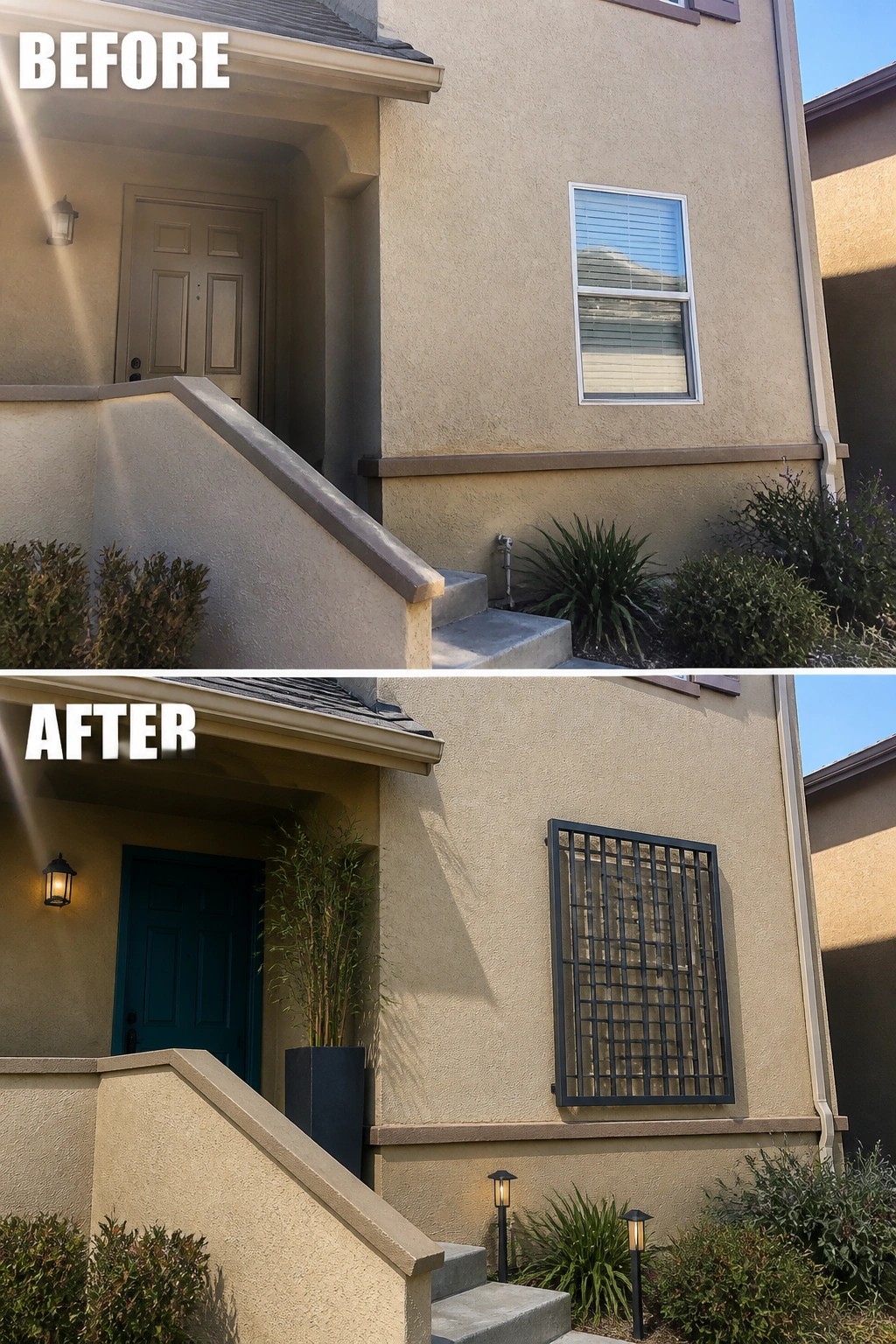 Before-after house exterior: beige stucco with gray door, then teal door and barred window.