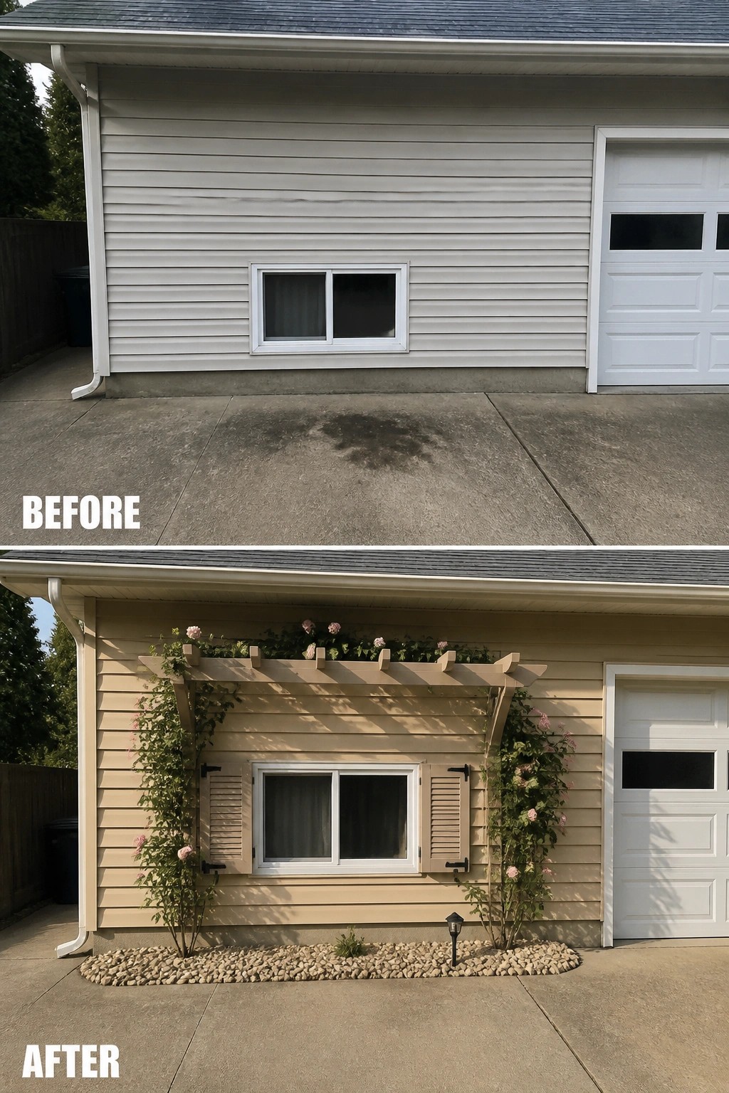 Before-and-after image of a house exterior showing a plain wall with a small window changed by adding a pergola, shutters, climbing plants, and a rock border.
