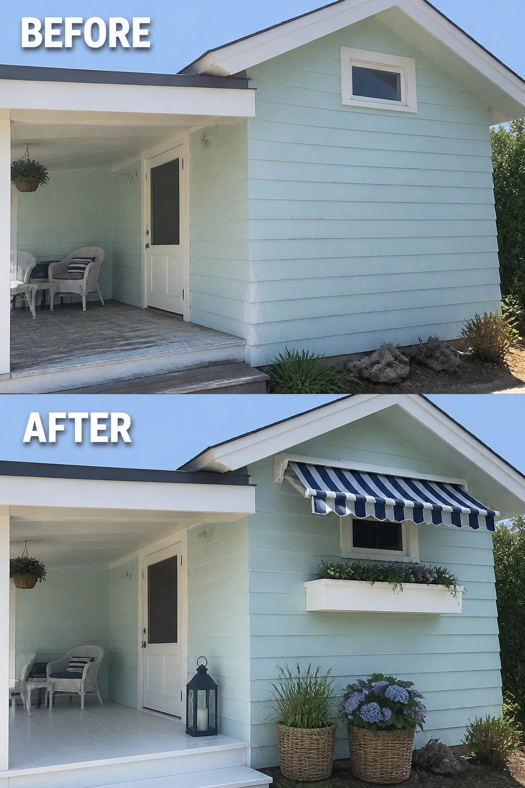 Before-and-after image of a light blue house exterior with a small window, updated by adding a blue and white striped awning, a window box with flowers, potted plants, and a porch lantern.