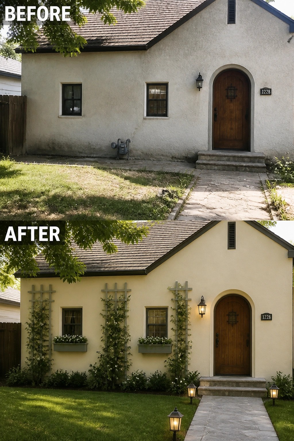 Before and after house exterior with added trellises, vines, flowers, and lights.