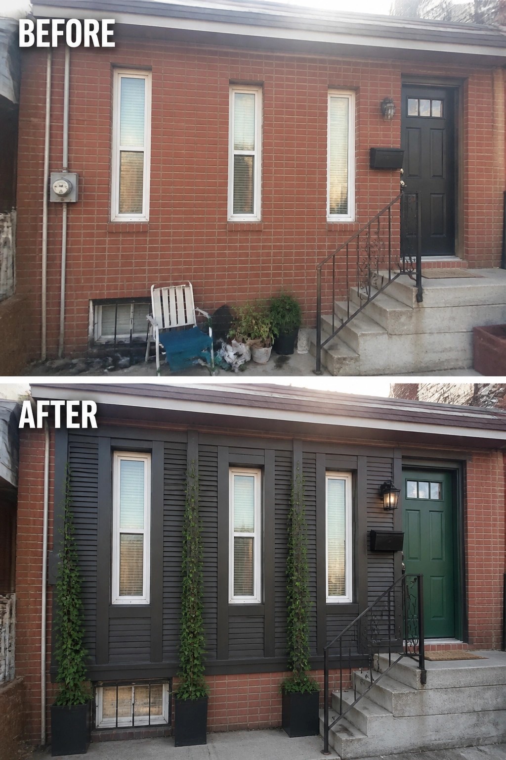 Before and after of brick house with dark siding, green door, and plants.