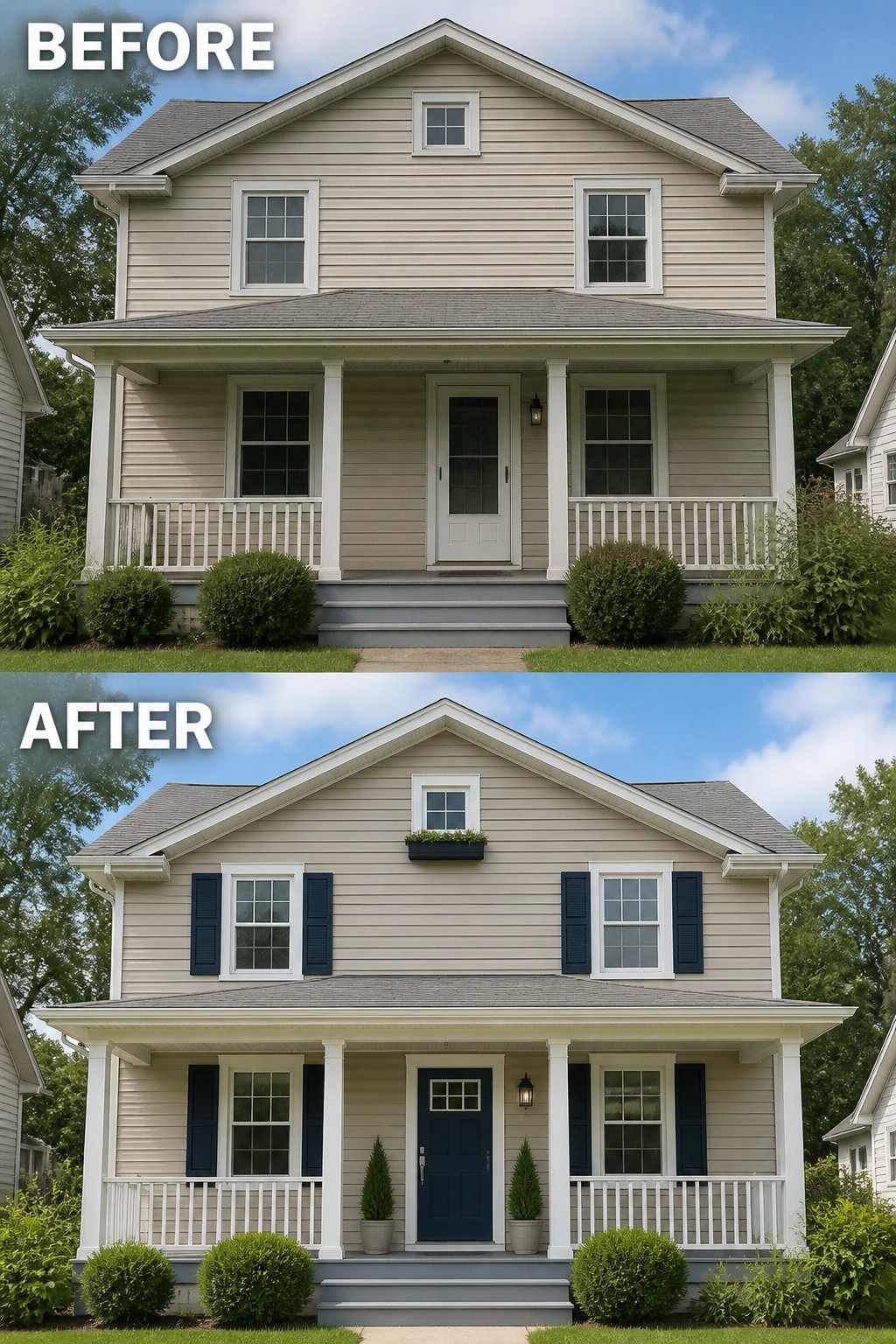 Before-and-after views of beige house with added blue shutters, door, and porch accents.