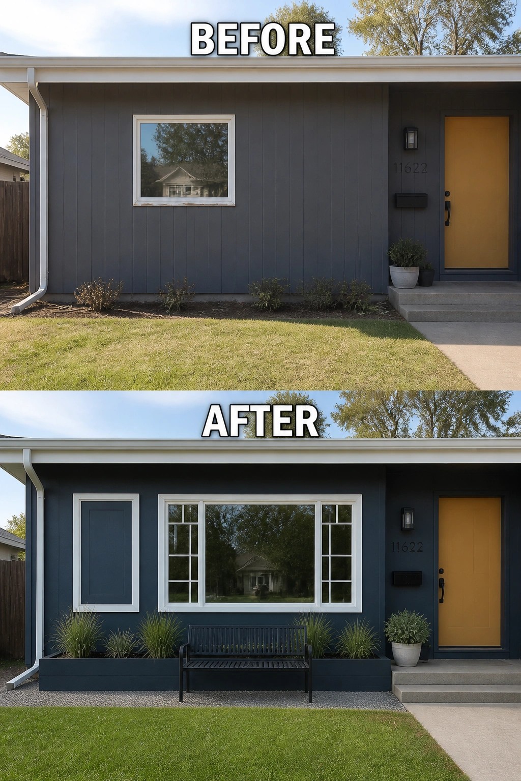 Before and after of dark house with new window, paint, bench, and landscaping.