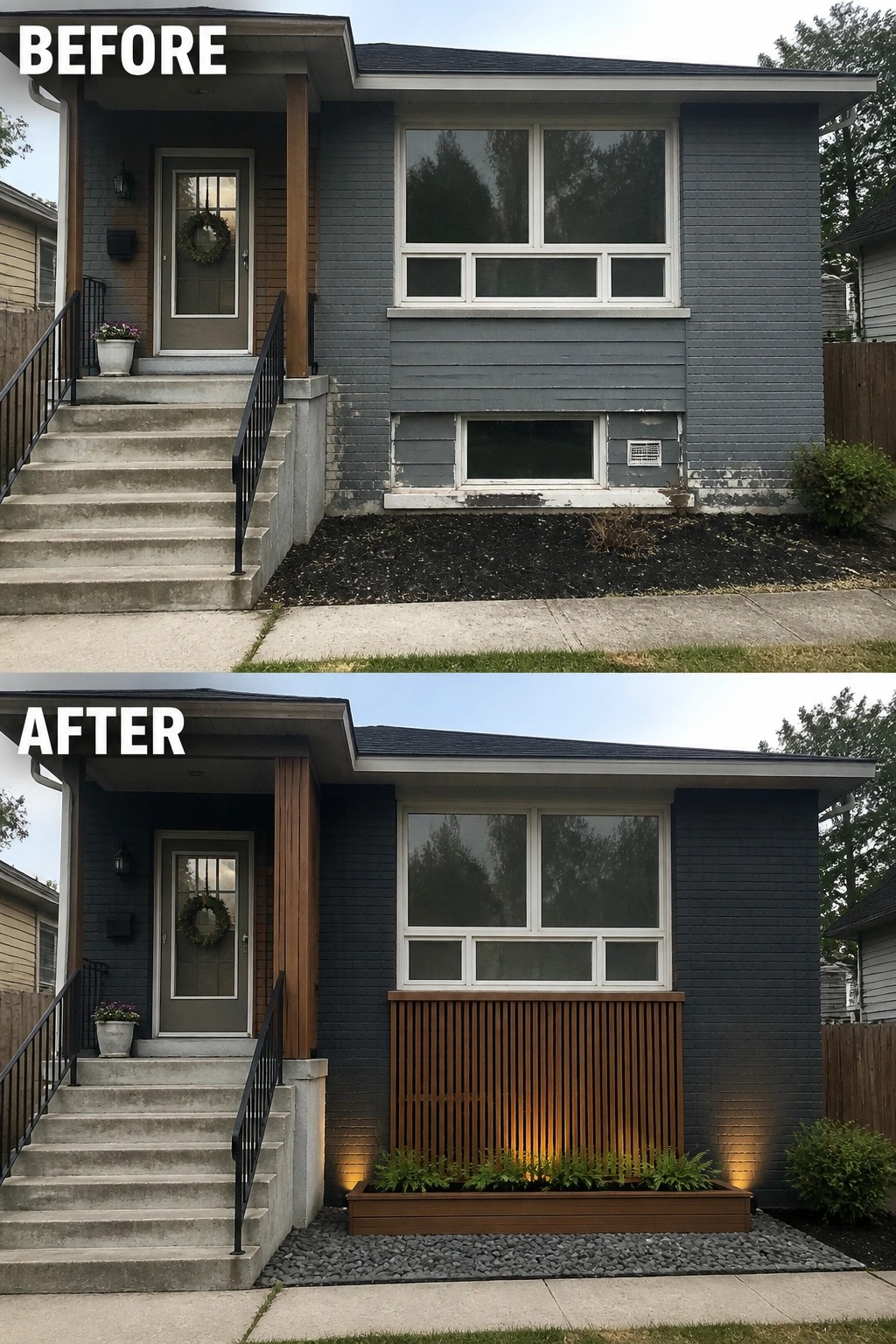Before-and-after image of a house exterior where a low awkward window is covered by a wooden slatted screen with integrated lighting and a planter box.