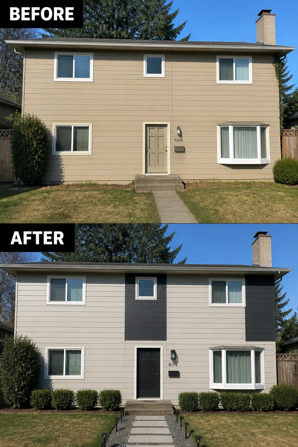 Before-and-after house exterior with updated gray siding, black door, and landscaping