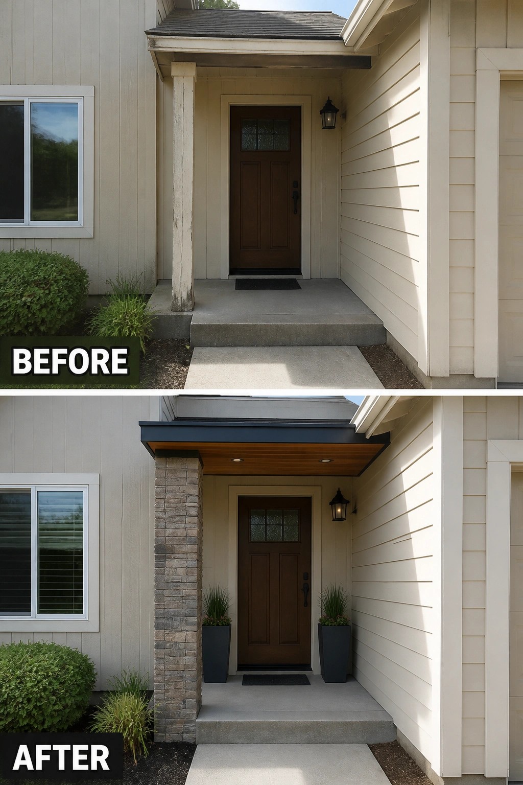 Before and after views of a home entrance with porch and column updates