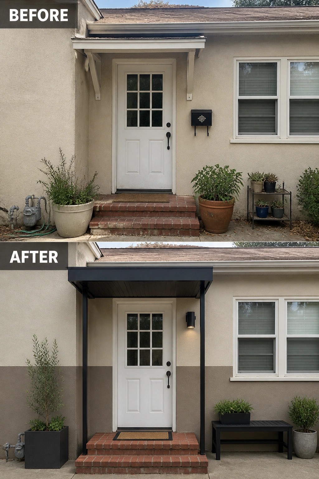 Before and after of renovated house entrance with black awning and modern planters.
