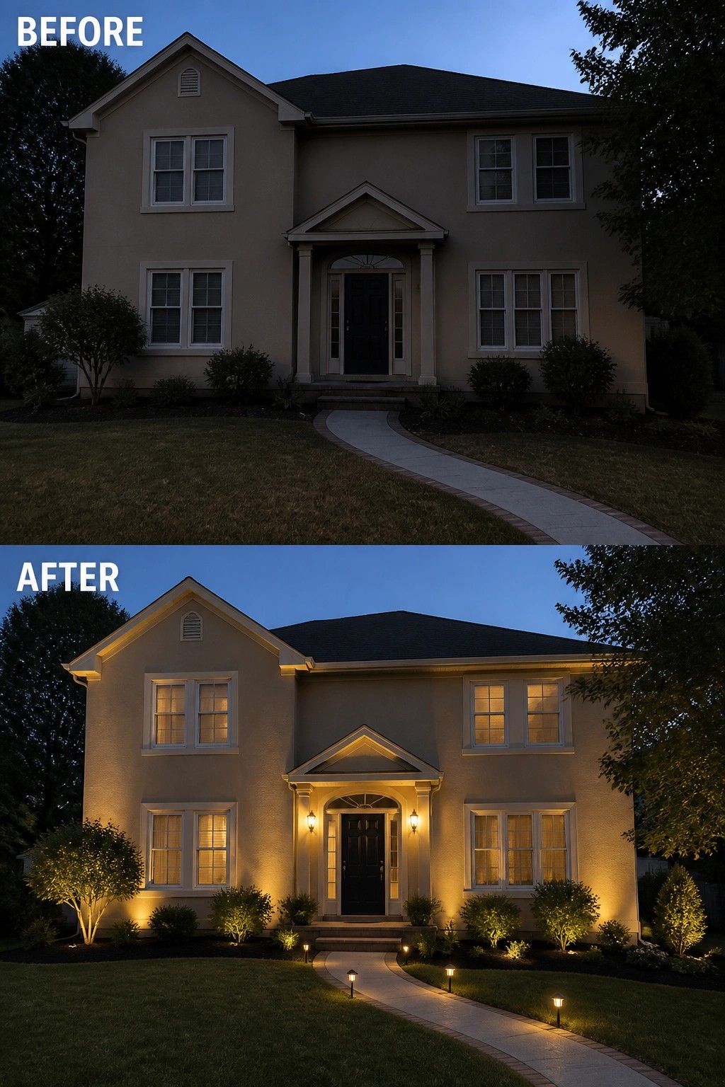 Before-and-after image of a beige two-story house exterior updated with warm outdoor lighting on the facade, entry, and walkway.