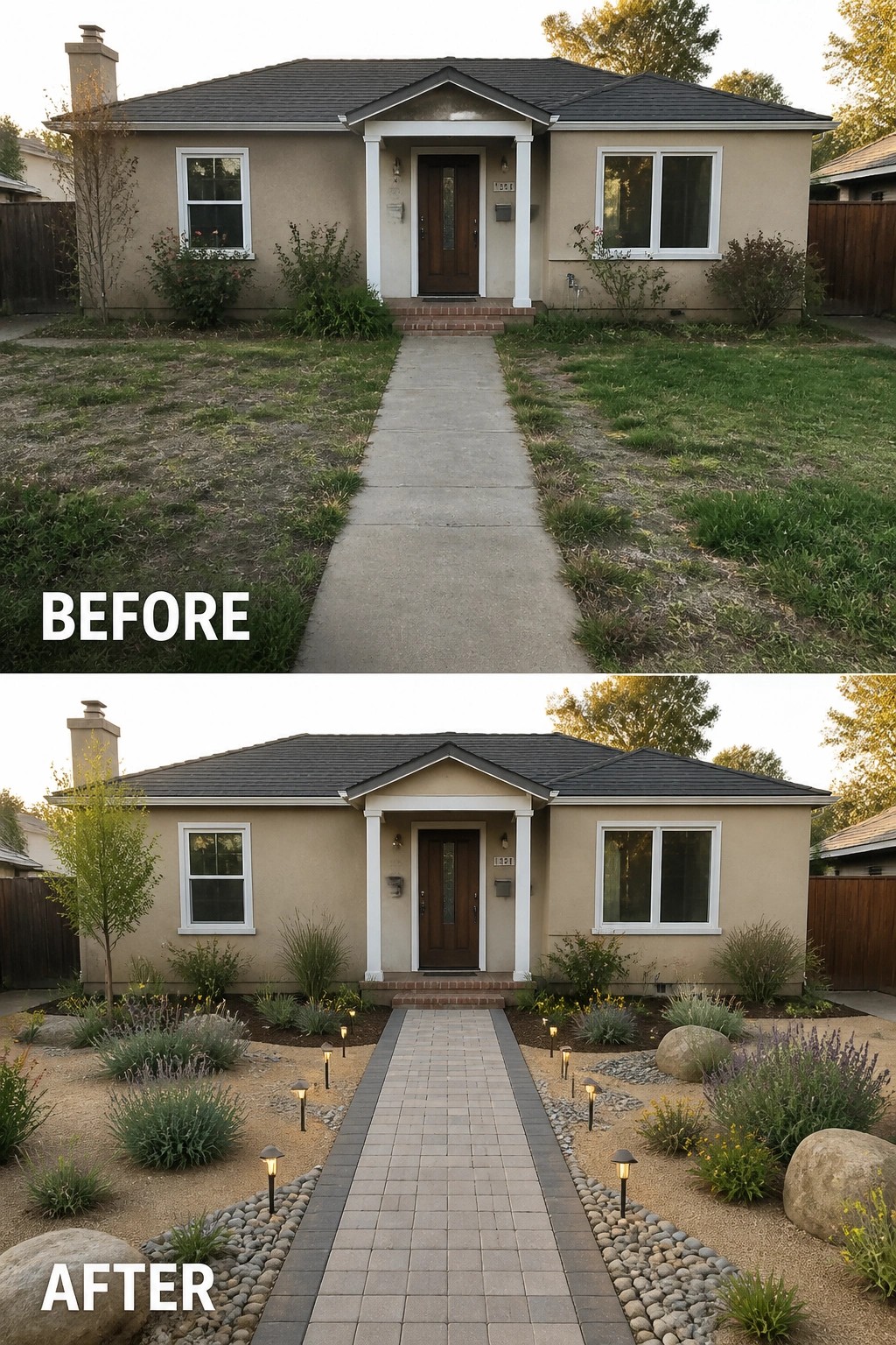 Before and after front yard landscaping with new paver path and plants