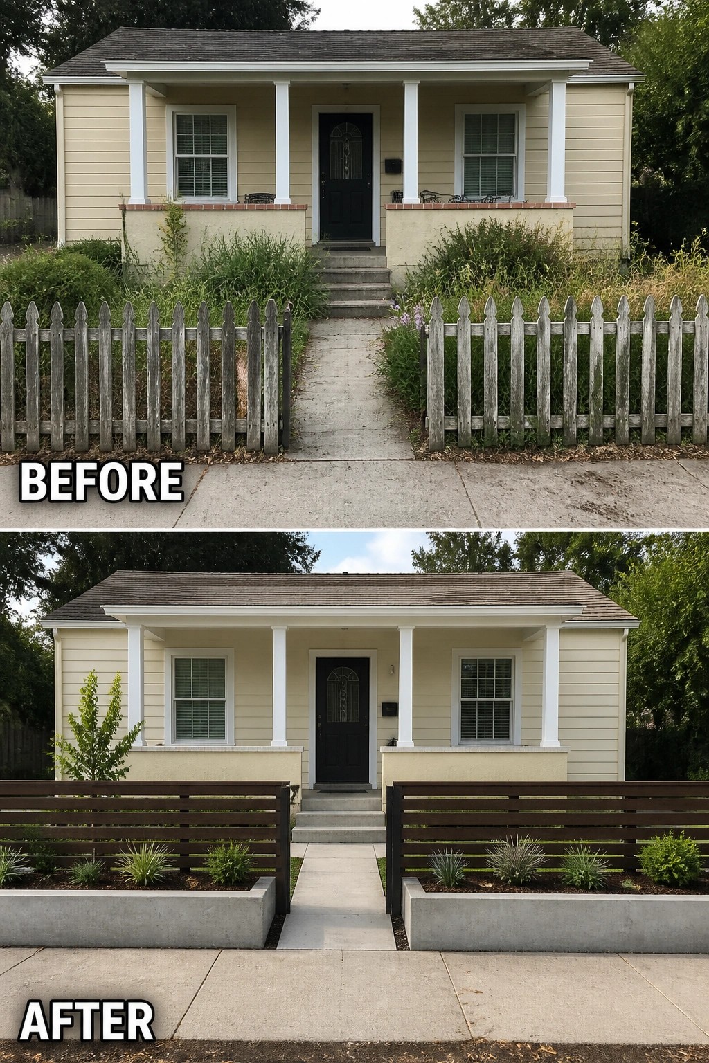 Before and after of yellow house with modern fence and planters replacing old picket fence.