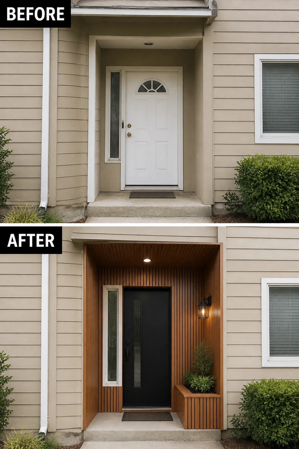 Before-and-after image of a beige house entry updated with wood paneling around the door, a black door, and added lighting.