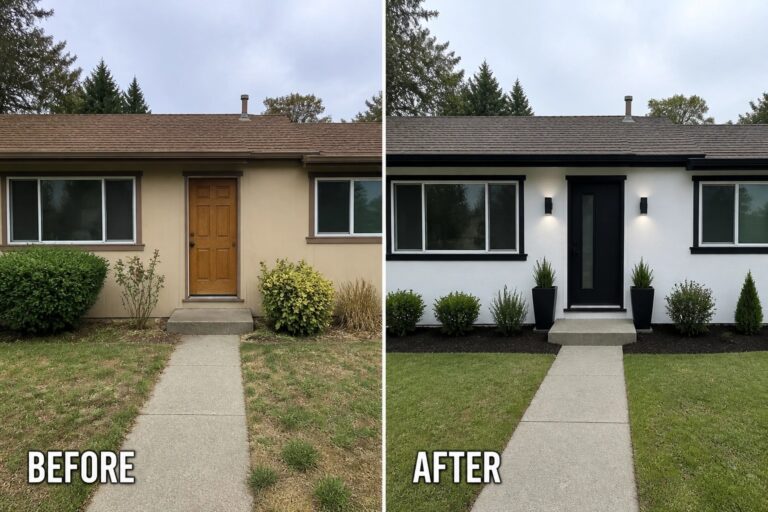 23 Modern Home Exterior Remodel Ideas for Brown, Beige, and Tired Facades Before and after house exterior remodel with white siding, black trim, and landscaping.