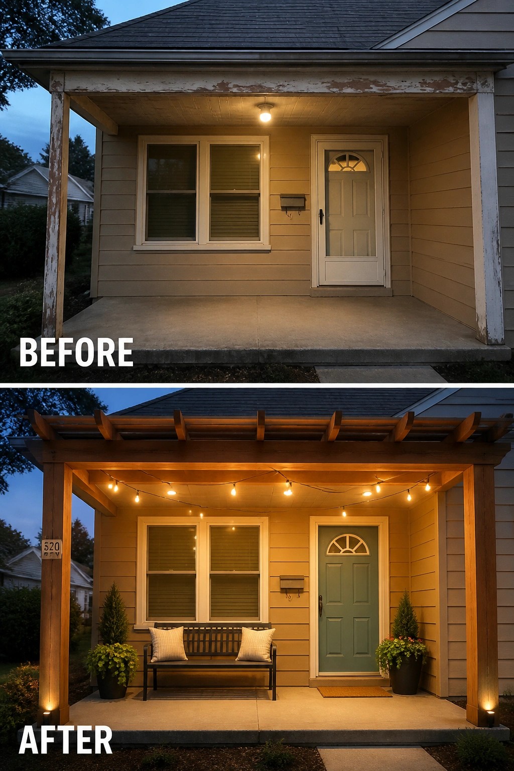 Before-and-after image of a plain front porch updated with a wooden pergola, string lights, a bench, and planters.