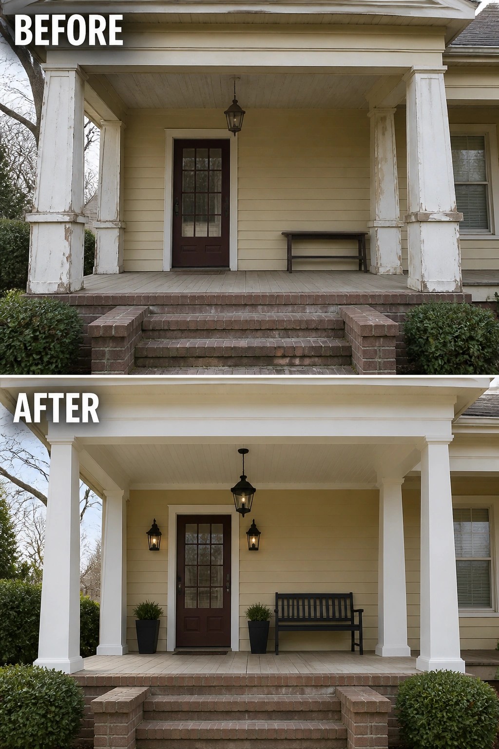 Before-and-after image of a faded front porch updated with fresh paint on the columns, new lighting, planters, and a centered bench.