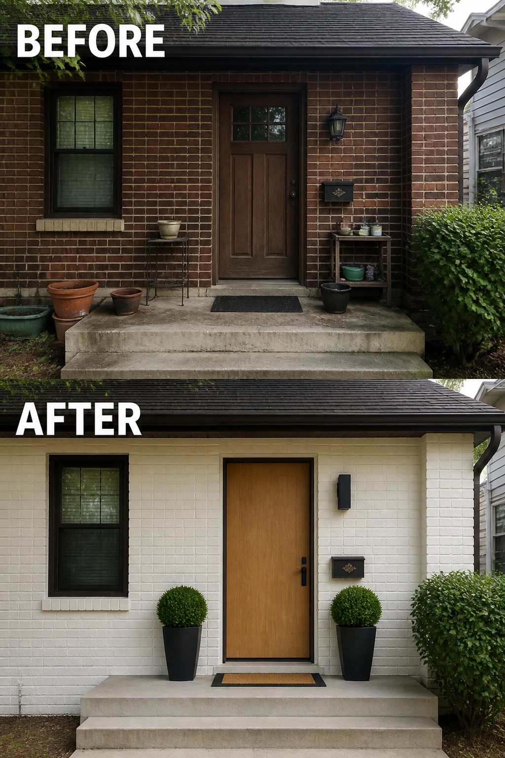 Before-and-after image of a brick house exterior updated with white paint, a lighter front door, and two matching planters.
