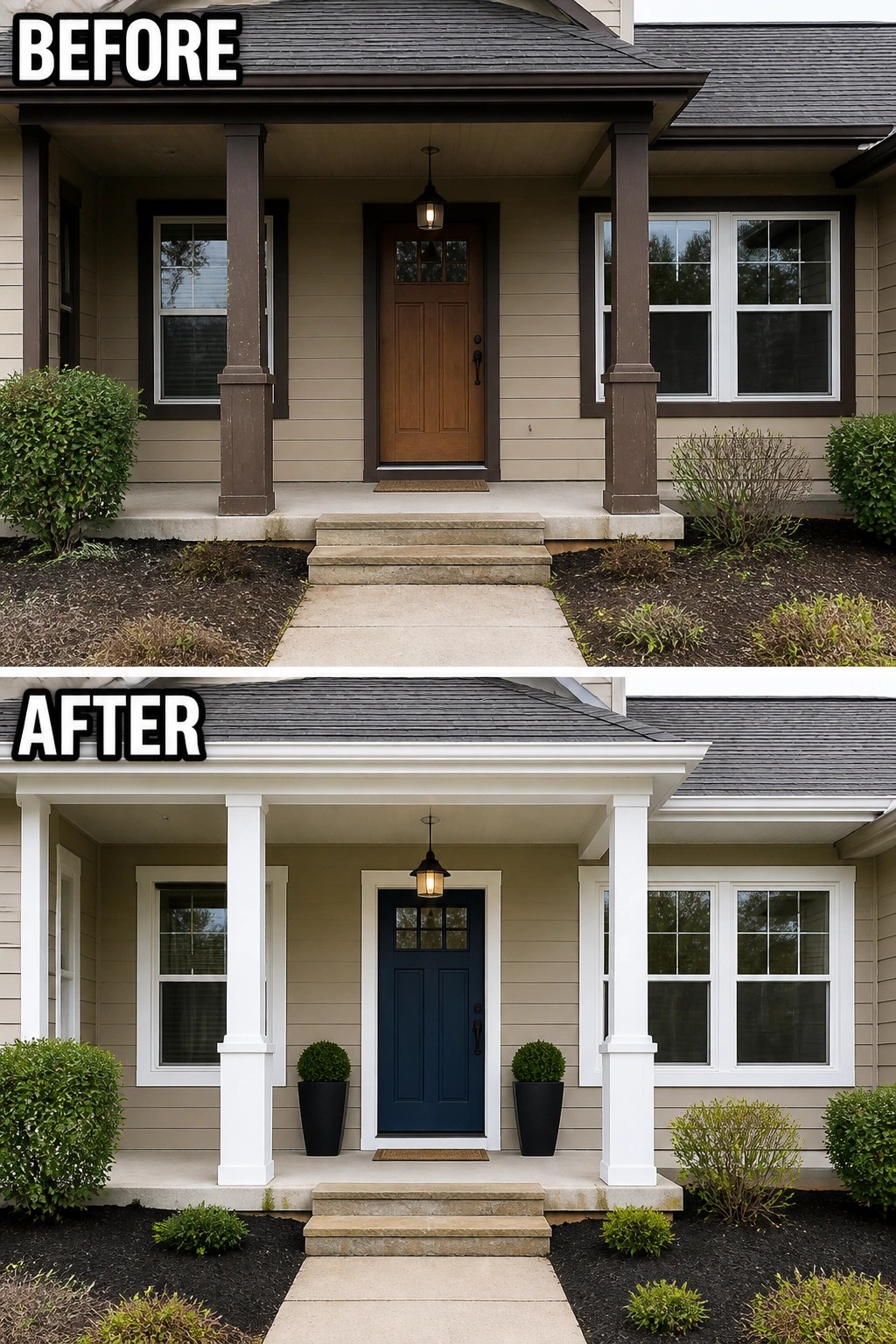 Before-and-after image of a house entry showing brown porch columns and brown door changed to white columns and a navy blue door.