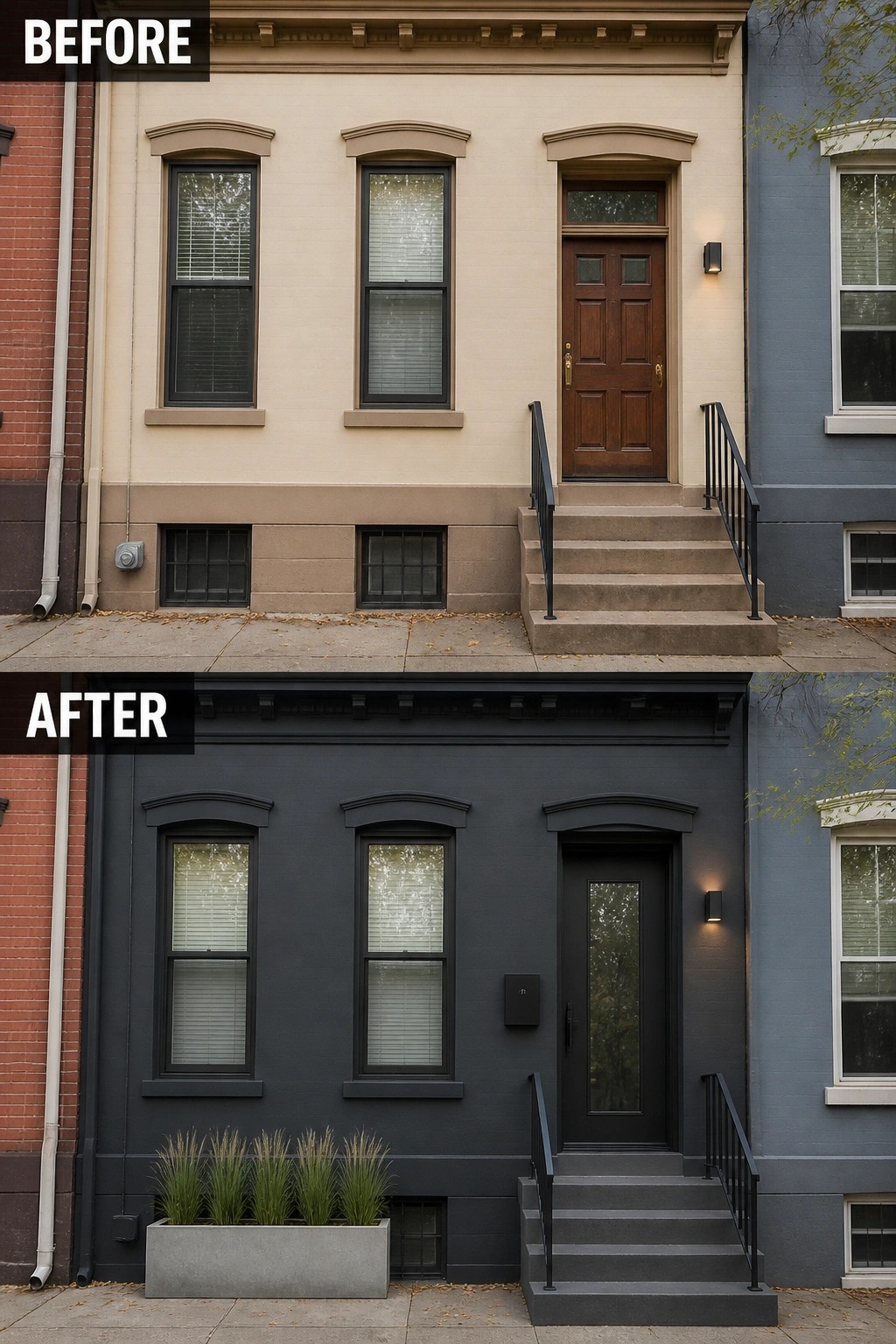 Before-and-after image of a beige house exterior repainted dark gray with a black door and updated front steps.