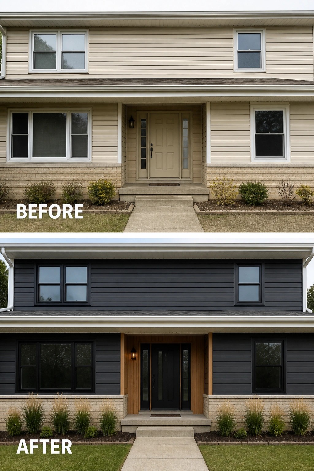 Before-and-after image of a beige house exterior updated with dark siding, black windows, a new front door with wood accents, and refreshed landscaping.