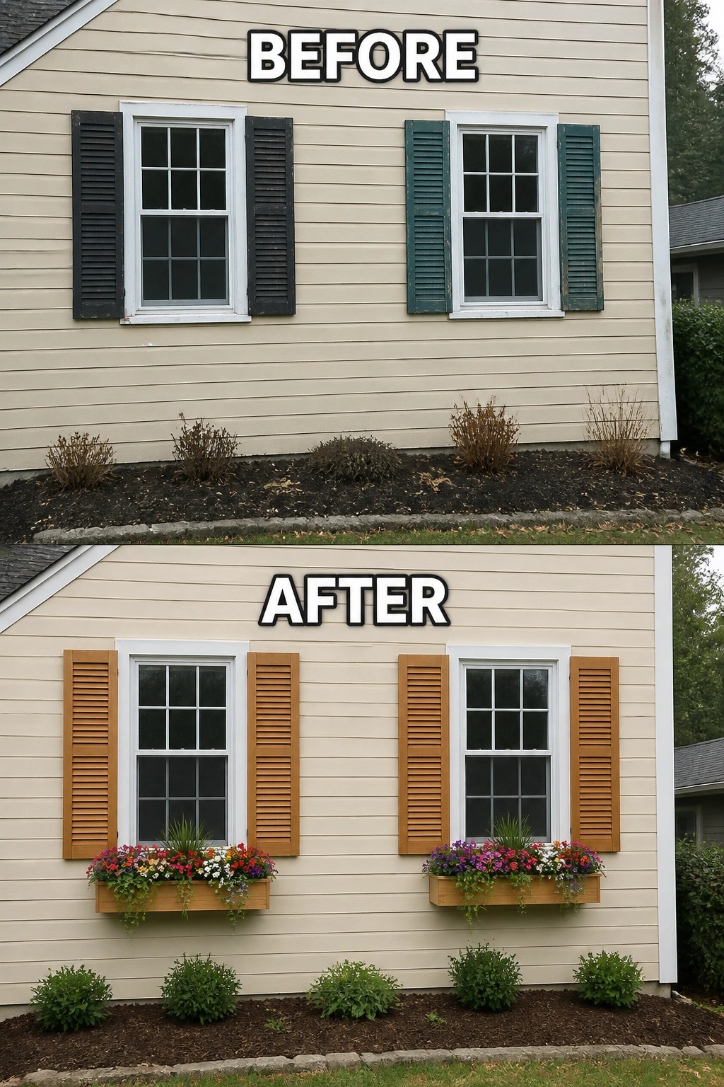 Before-and-after house exterior with new brown shutters, flower boxes, and landscaping.